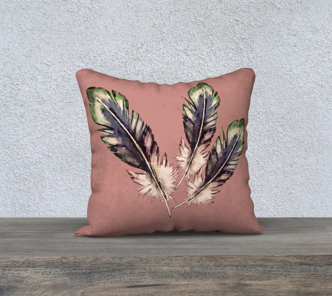 Three Feathers on Dusty Rose Velveteen Pillow Cover - 18" x 18"