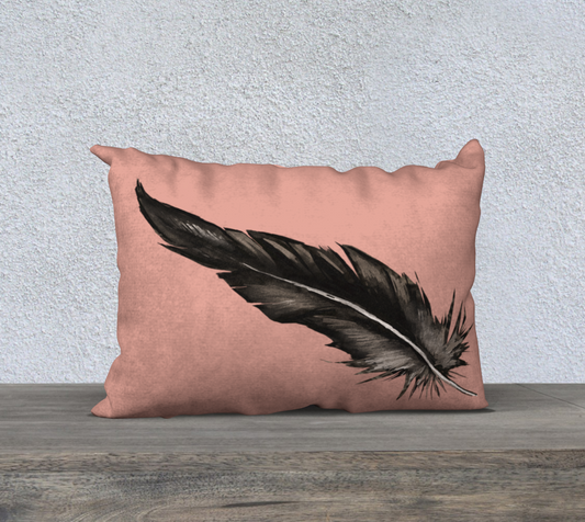 Charcoal Feather on Pink Pillow Cover