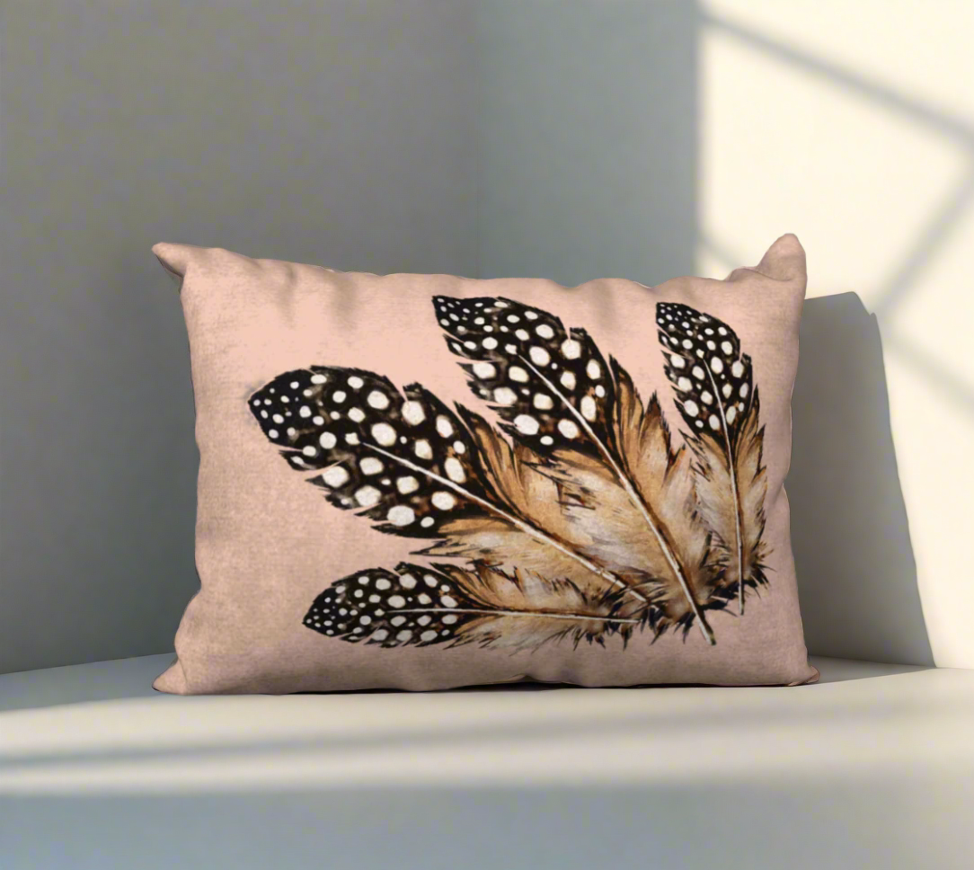Four Spotted Feathers on Antique Coral Velveteen Decorative Pillow Cover - 20" x 14"