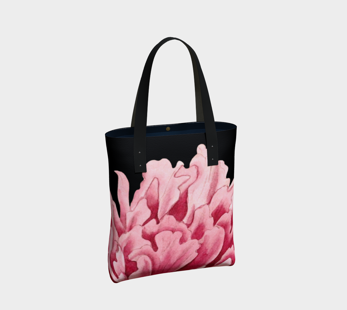 Vibrant Pink Peony on Black Canvas Tote Bag w/Vegan Leather Handles