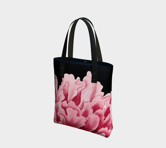 Vibrant Pink Peony on Black Canvas Tote Bag w/Vegan Leather Handles