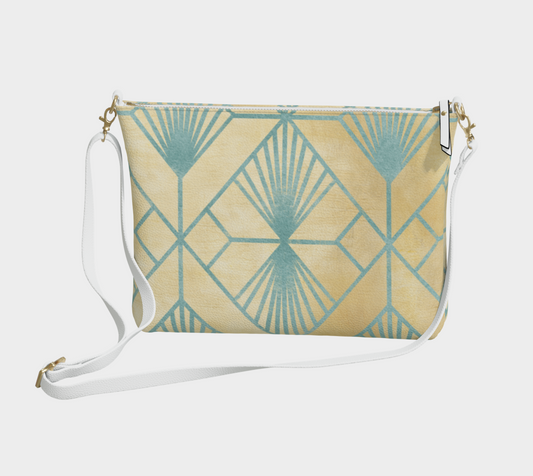 Geometric Aqua Design on Soft Gold Vegan Leather Crossbody Purse