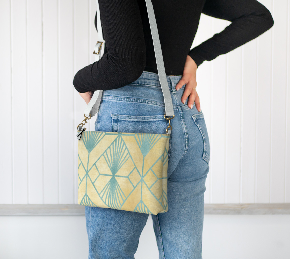 Geometric Aqua Design on Soft Gold Vegan Leather Crossbody Purse