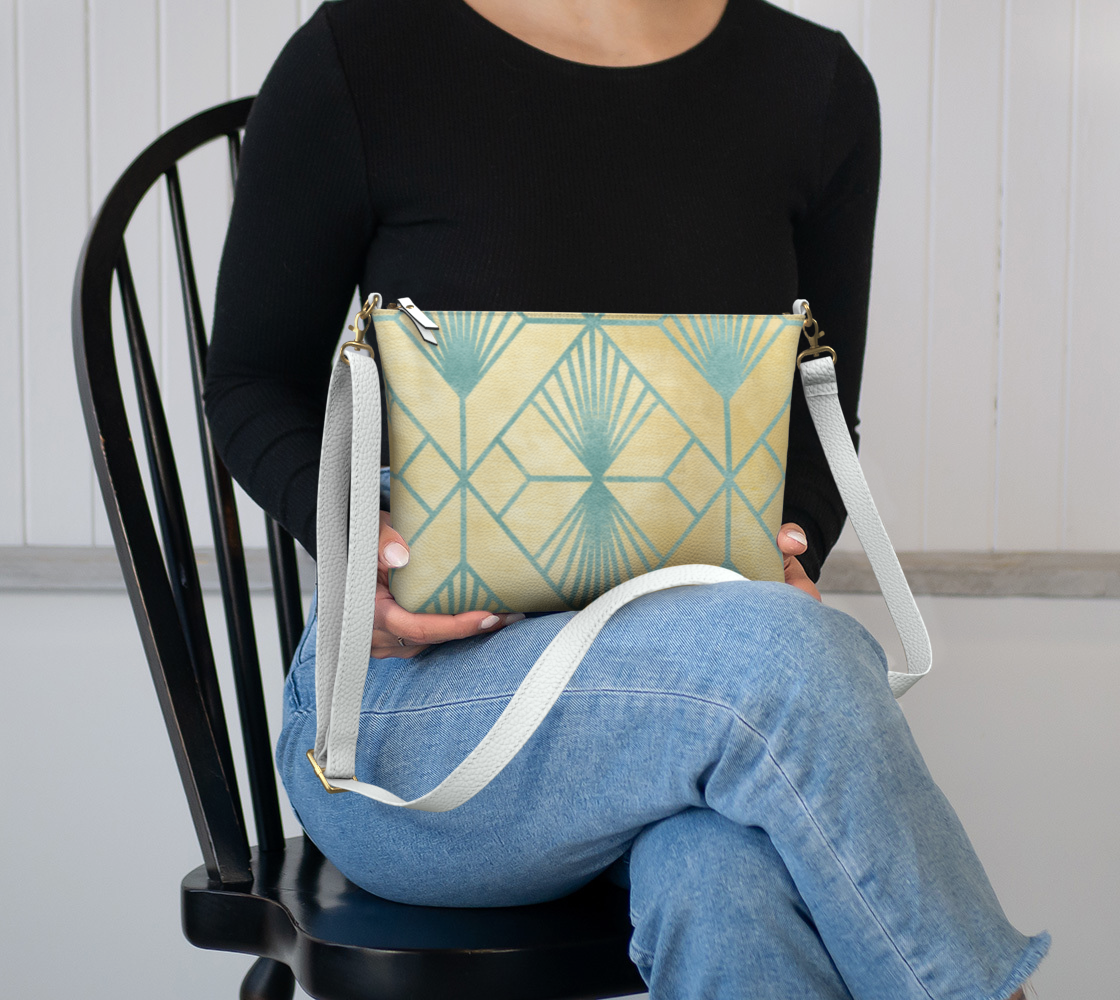 Geometric Aqua Design on Soft Gold Vegan Leather Crossbody Purse