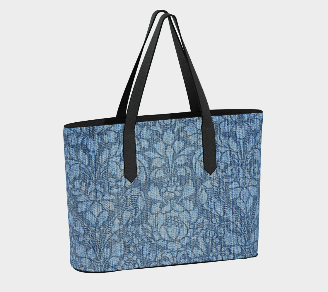 Distressed Denim-Look Vintage Pattern Vegan Leather Tote Bag