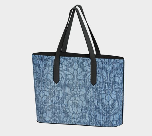 Distressed Denim-Look Vintage Pattern Vegan Leather Tote Bag