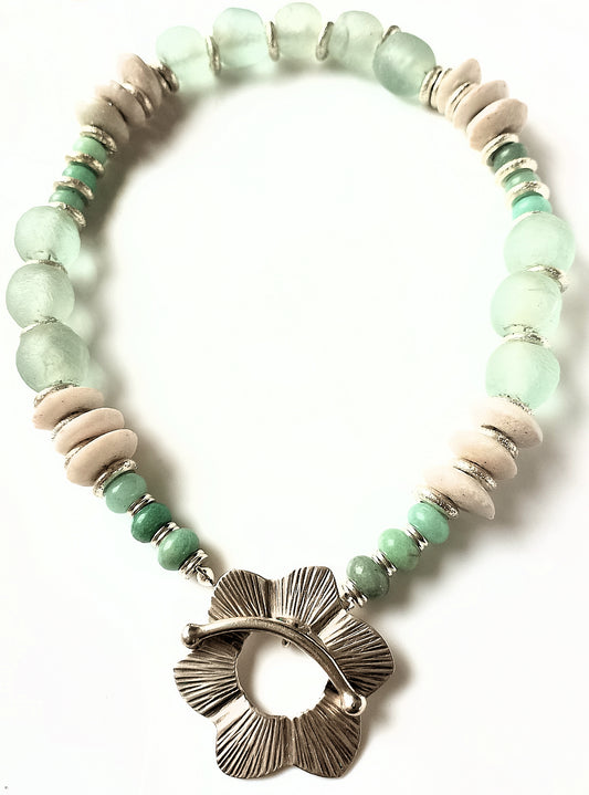 African Ashanti & Krobo Recycled Glass Beads with Amazonite Rondelles Choker Necklace