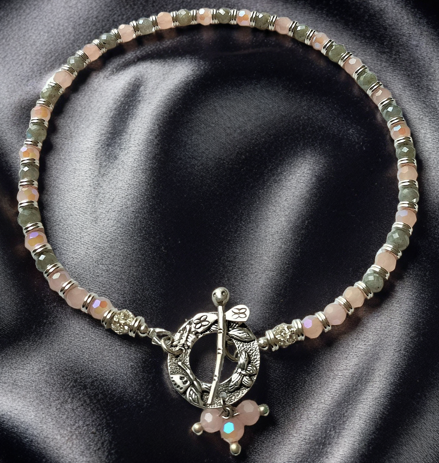 Faceted Labradorite Beads, Faceted Peach Opal AB Crystals & Sterling Silver Two-Strand Convertible Necklace/Wrap Bracelet